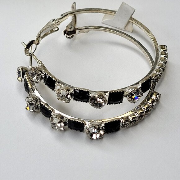 Round Silver and Black Crystal Earrings - Picture 2 of 3